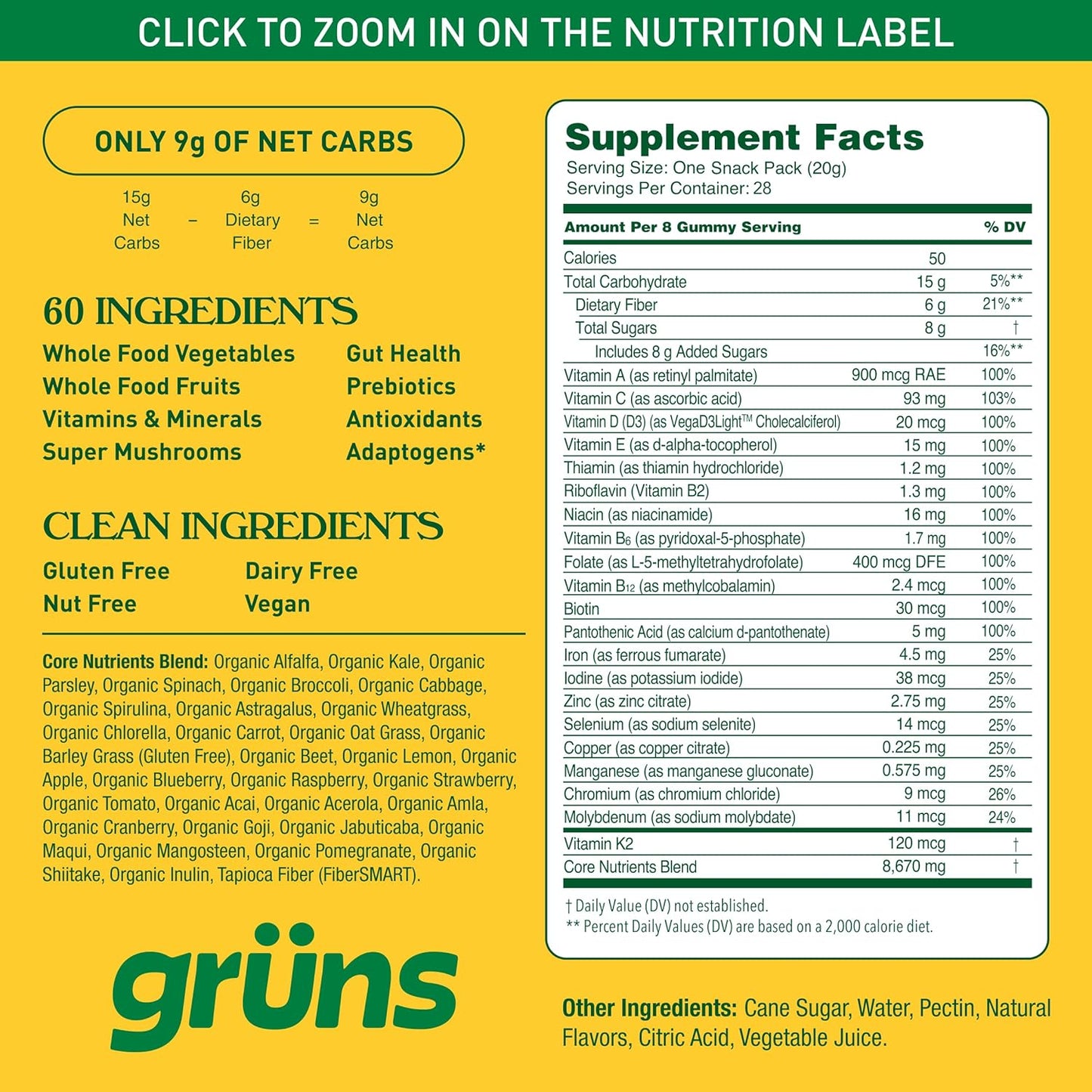 Gruns Adults Super Greens Multivitamin Gummies, Superfood Vitamin Gummy Bears with Spirulina, Chlorella, Prebiotic Fiber for Digestive Health, 20 Vitamins & Minerals, 28 Count
